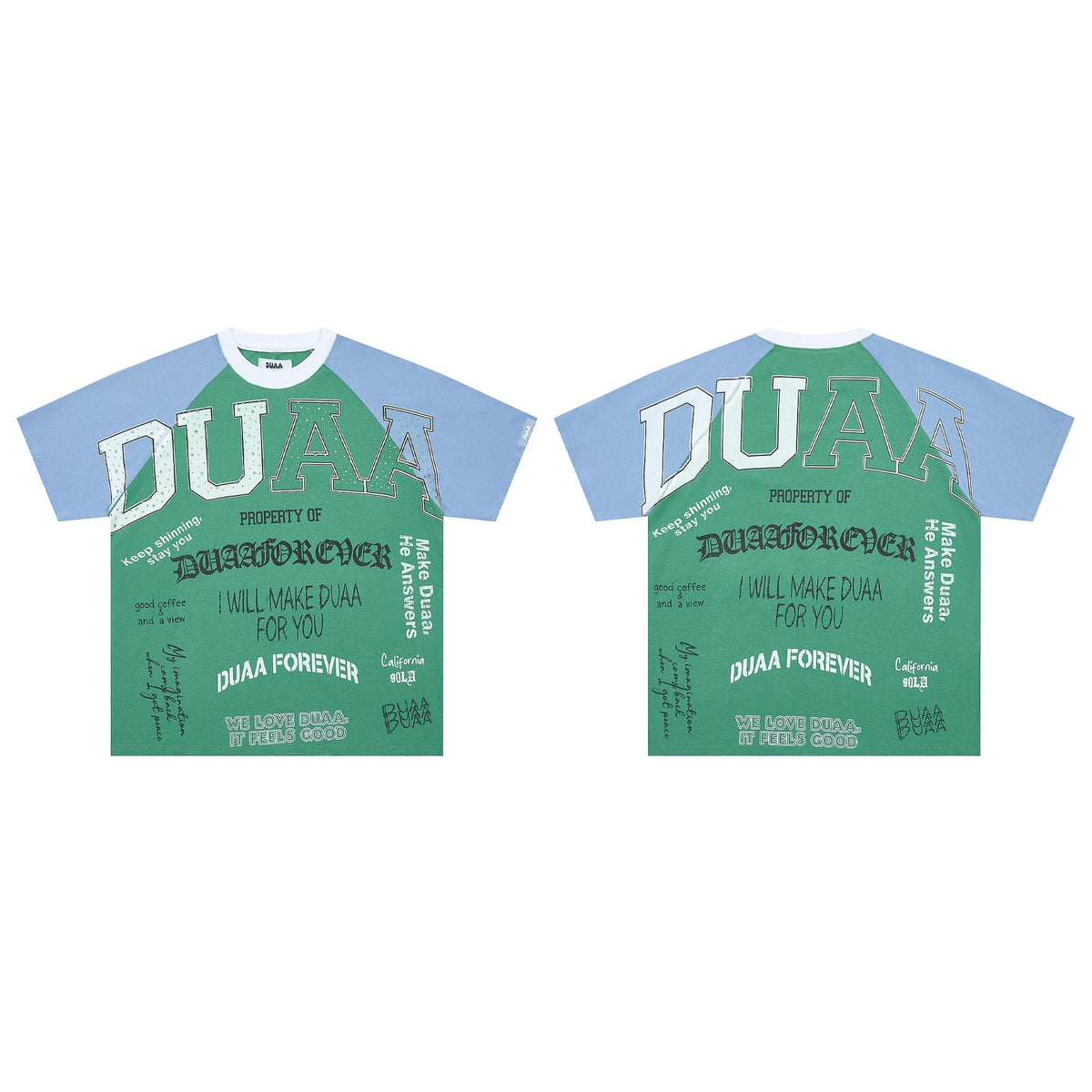DUAA Green‑Blue Raglan Slogan Collage Street Tee